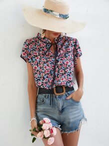 SHEIN Frenchy Áo sơ mi nữ viền lá sen Hoa Tất cả trên in Boho - Nhiều màu - Xem 5