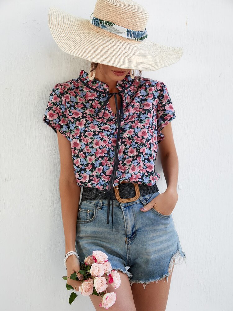 SHEIN Frenchy Áo sơ mi nữ viền lá sen Hoa Tất cả trên in Boho - Nhiều màu - Xem 5