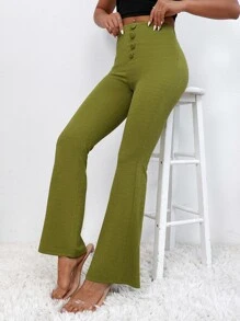 SHEIN PETITE 高腰假鈕扣喇叭褲 - 橄欖綠 - 查看 3