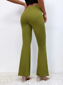 SHEIN PETITE 高腰假鈕扣喇叭褲 - 橄欖綠 - 查看 1