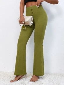 SHEIN PETITE 高腰假鈕扣喇叭褲 - 橄欖綠 - 查看 4