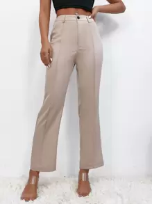 SHEIN PETITE 接縫細節喇叭褲 - 卡其色 - 查看 1