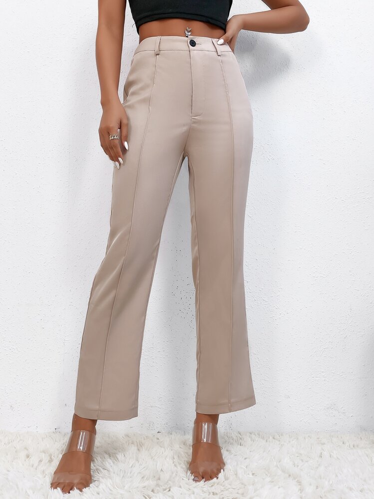 SHEIN PETITE Quần nữ Nút Dây kéo màu trơn Thanh lịch - Màu Khaki - Xem 1