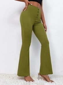 SHEIN PETITE 高腰假鈕扣喇叭褲 - 橄欖綠 - 查看 5