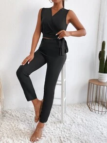 SHEIN PETITE Surplice Neck Sleeveless Belted Jumpsuit - Black - View 3