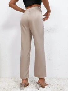 SHEIN PETITE 接縫細節喇叭褲 - 卡其色 - 查看 2