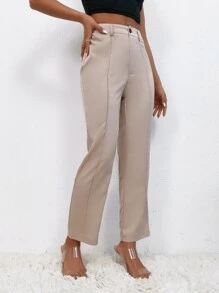 SHEIN PETITE 接縫細節喇叭褲 - 卡其色 - 查看 3