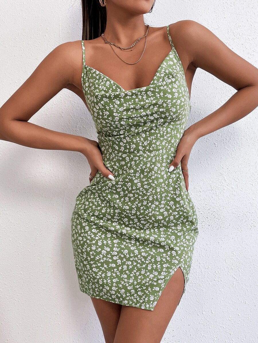 SHEIN PETITE 碎花垂領下擺開叉吊帶連衣裙 - 綠色 - 查看 1