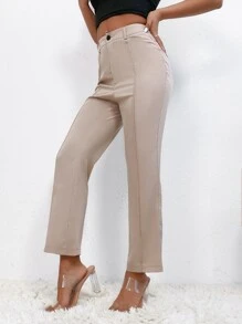 SHEIN PETITE 接縫細節喇叭褲 - 卡其色 - 查看 4