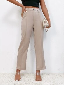 SHEIN PETITE 接縫細節喇叭褲 - 卡其色 - 查看 5