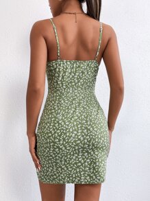 SHEIN PETITE 碎花垂領下擺開叉吊帶連衣裙 - 綠色 - 查看 2