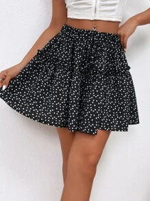 SHEIN PETITE Confetti Heart Print Ruffle Hem Skirt - Black and White - View 1