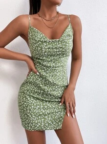 SHEIN PETITE 碎花垂領下擺開叉吊帶連衣裙 - 綠色 - 查看 6