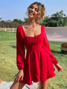 Soleia Mono escote corazón pecho con fruncido con cinturón - Rojo - Ver 4