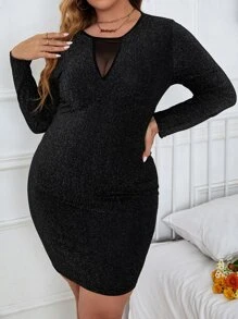 SHEIN LUNE Plus Contrast Mesh Glitter Bodycon Dress - Black - View 4