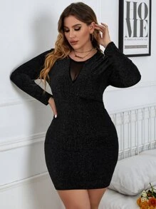 SHEIN LUNE Plus Contrast Mesh Glitter Bodycon Dress - Black - View 1