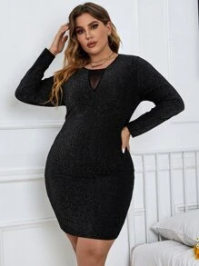 SHEIN LUNE Plus Contrast Mesh Glitter Bodycon Dress - Black - View 6