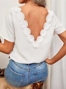 SHEIN Frenchy Áo sơ mi nữ Lộ Lưng Tương phản ren màu trơn Thanh lịch - trắng - Xem 1