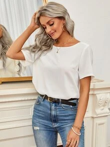 SHEIN Frenchy Áo sơ mi nữ Lộ Lưng Tương phản ren màu trơn Thanh lịch - trắng - Xem 4