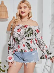 SHEIN Unity 大碼熱帶圖案前打結一字肩打褶荷葉袖襯衫 - 彩色 - 查看 1