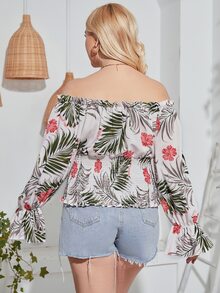 SHEIN Unity 大碼熱帶圖案前打結一字肩打褶荷葉袖襯衫 - 彩色 - 查看 2