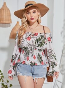 SHEIN Unity 大碼熱帶圖案前打結一字肩打褶荷葉袖襯衫 - 彩色 - 查看 5