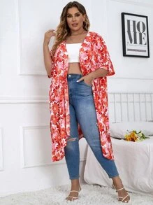 Plus Allover Floral Print Kimono - Multicolor - View 5