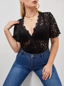 SHEIN Clasi Plus Floral Lace Bodysuit Without Bra - Black - View 1