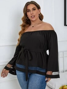 SHEIN Unity Áo sơ mi Plus Size Thắt lưng Tương phản Mesh màu trơn Giải trí - màu đen - Xem 1
