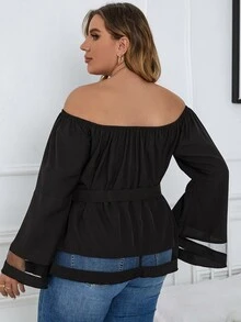 SHEIN Unity Áo sơ mi Plus Size Thắt lưng Tương phản Mesh màu trơn Giải trí - màu đen - Xem 2