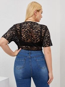 SHEIN Clasi Plus Floral Lace Bodysuit Without Bra - Black - View 2