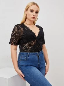SHEIN Clasi Plus Floral Lace Bodysuit Without Bra - Black - View 4