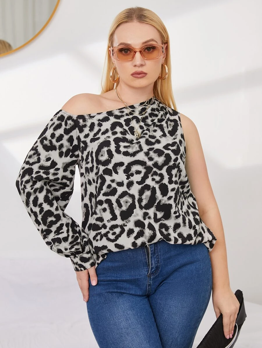 SHEIN Unity 大碼豹紋印花不對稱領襯衫 - 彩色 - 查看 1