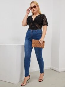 SHEIN Clasi Plus Floral Lace Bodysuit Without Bra - Black - View 5