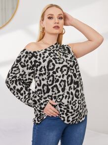 SHEIN Unity 大碼豹紋印花不對稱領襯衫 - 彩色 - 查看 3