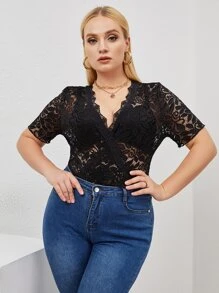 SHEIN Clasi Plus Floral Lace Bodysuit Without Bra - Black - View 6