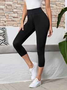 EMERY ROSE 高腰素色緊身打底褲 - 黑色 - 查看 1