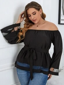 SHEIN Unity Áo sơ mi Plus Size Thắt lưng Tương phản Mesh màu trơn Giải trí - màu đen - Xem 6