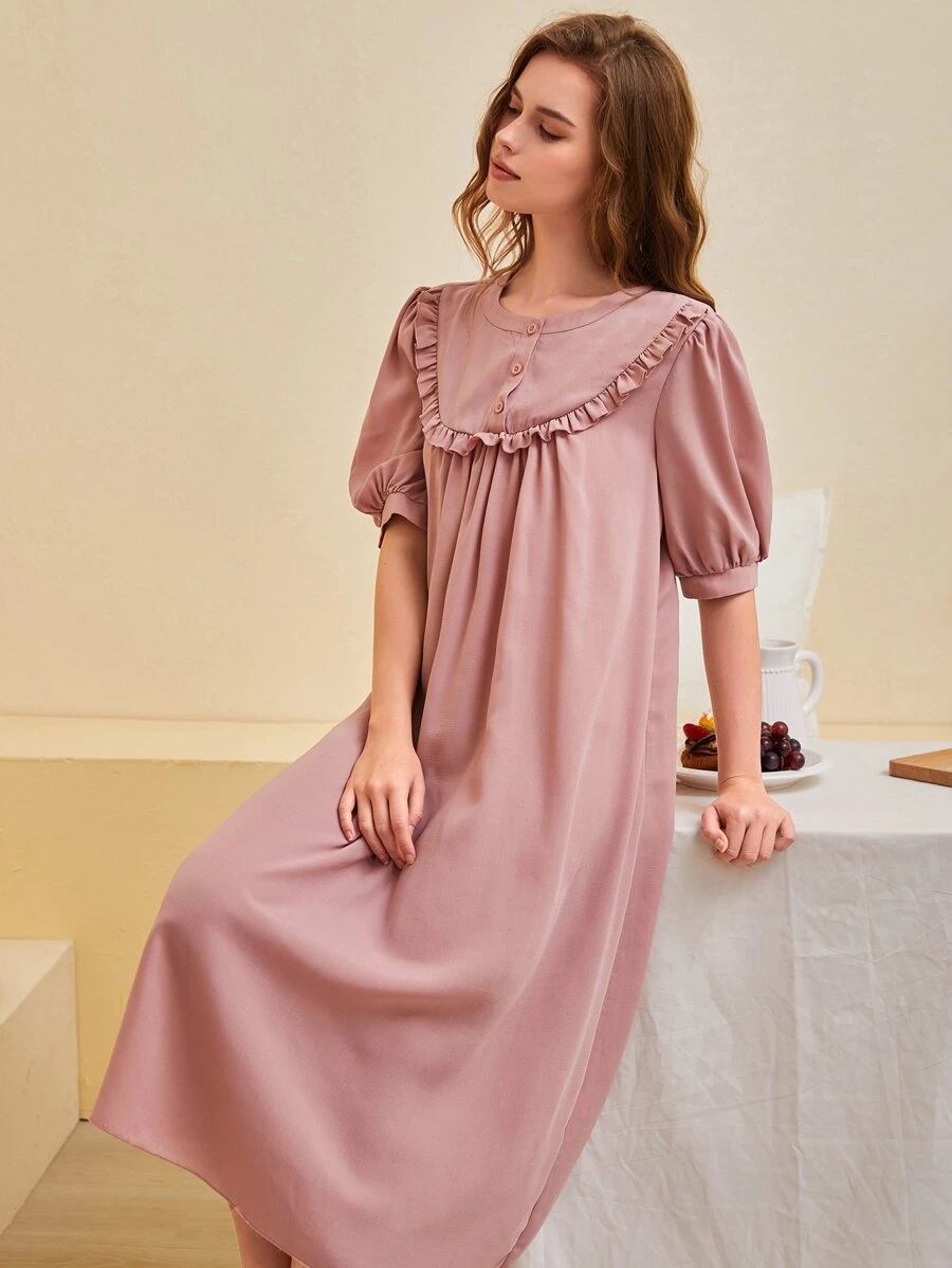 SHEIN Unity Váy ngủ & áo ngủ Nữ Nút Xù màu trơn Giải trí - Bụi hồng - Xem 1