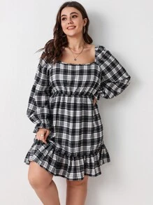 Đầm Plus Size Xù Viên lá sen Sọc ca rô Giải trí - Đen và trắng - Xem 1