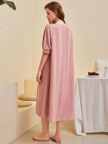 SHEIN Unity Váy ngủ & áo ngủ Nữ Nút Xù màu trơn Giải trí - Bụi hồng - Xem 2