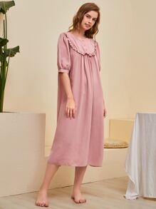 SHEIN Unity Váy ngủ & áo ngủ Nữ Nút Xù màu trơn Giải trí - Bụi hồng - Xem 3