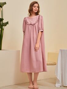 SHEIN Unity Váy ngủ & áo ngủ Nữ Nút Xù màu trơn Giải trí - Bụi hồng - Xem 4