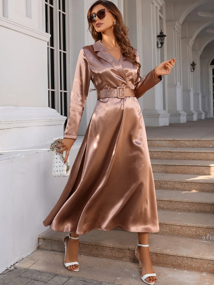Modelyn Vestido con cinturón de cuello con solapa - Albaricoque - Ver 1