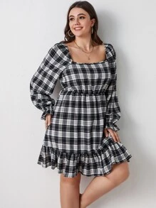 Đầm Plus Size Xù Viên lá sen Sọc ca rô Giải trí - Đen và trắng - Xem 3