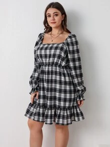 Đầm Plus Size Xù Viên lá sen Sọc ca rô Giải trí - Đen và trắng - Xem 4