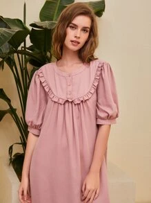 SHEIN Unity Váy ngủ & áo ngủ Nữ Nút Xù màu trơn Giải trí - Bụi hồng - Xem 5