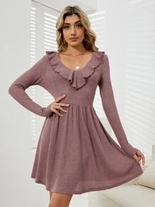 華夫格編織荷葉邊連衣裙 - 藕粉色 - 查看 1