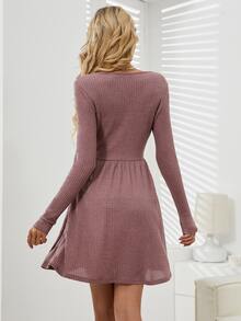 華夫格編織荷葉邊連衣裙 - 藕粉色 - 查看 2