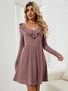 華夫格編織荷葉邊連衣裙 - 藕粉色 - 查看 3